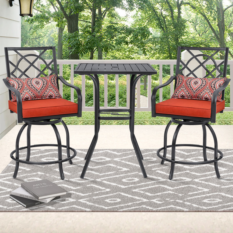 Jayc 2 - Person Square Outdoor Patio Bar Dining Sets with Cushions, Outdooor 3 Pieces Bar Height Dining Set with Swivel Chairs & Metal Slat Table