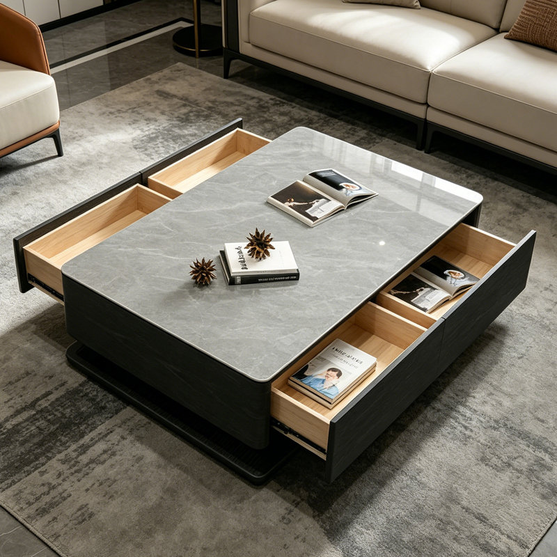 Table basse de rangement rectangulaire sur pied, H 16,92 po x L 59,05 po x l 33,46 po, Gris