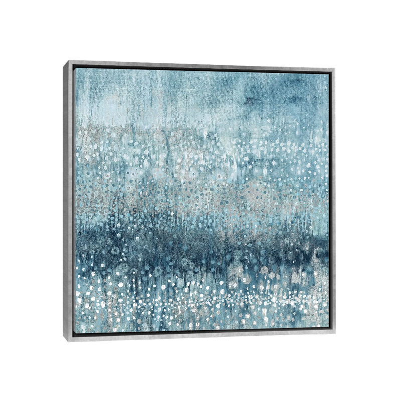 «Rain Abstract IV Blue Silver» par Danhui Nai - reproduction d'art, H 18 po x l 18 po x 1,5 po, Toile avec cadre argenté