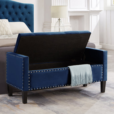 Banc de rangement rembourré capitonné à boutons avec garniture cloutée, siège de salon rembourré avec accoudoirs, banc de lit - bleu marine
