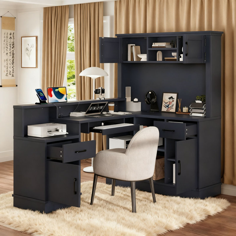 Bureau d'ordinateur en L avec prise, tiroirs, bibliothèque, Bleu