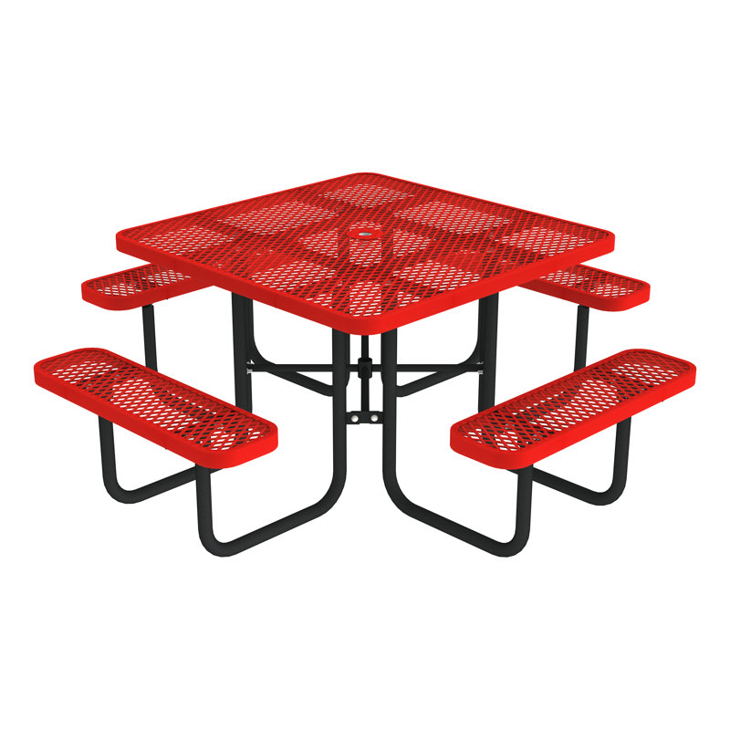 Open Air Series Square Picnic Table with Benches, Umbrella Hole, and Surface Mount, Rouge / rouge