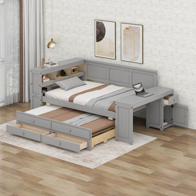 Full Size Corner Bed With Storage Drawers & Trundle, L-Shaped Day Bed With Desk