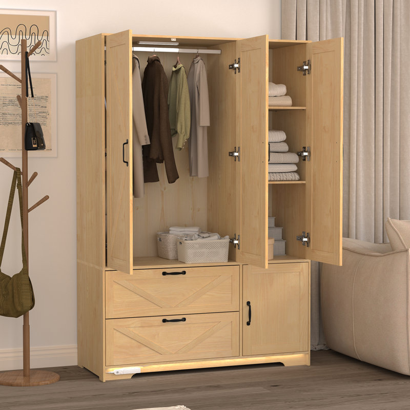 Armoire 4 portes avec miroir, armoire à DEL avec portes et 2 tiroirs, armoire de rangement en bois avec tringle, tablettes réglables, naturel
