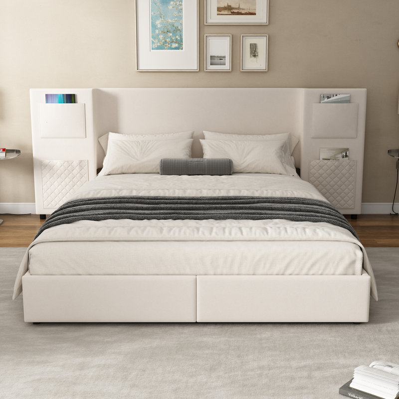 Upholstered Bed With Two Drawers Velvet Beige