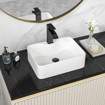 16" L x 12" W Rectangular White Ceramic Vessel Bathroom Sink with Faucet and Pop-Up Drain Combo