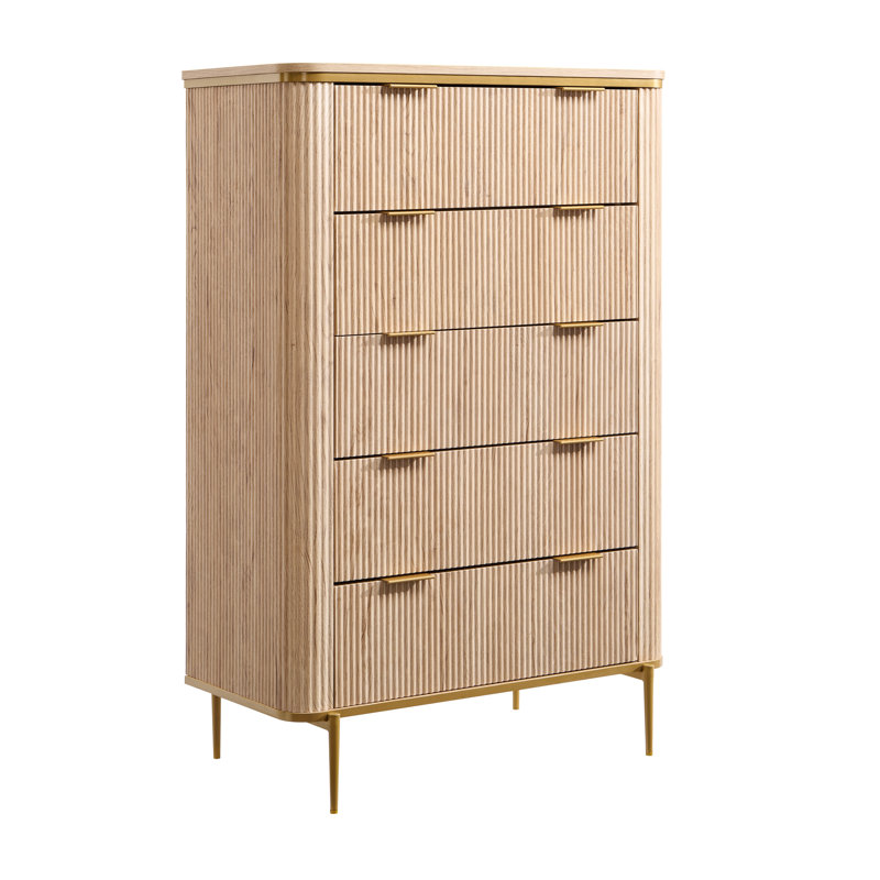 48" Tall Fluted 5 Drawers Dresser, Modern Chest Of Drawers With Metal Handle, Natural Oak