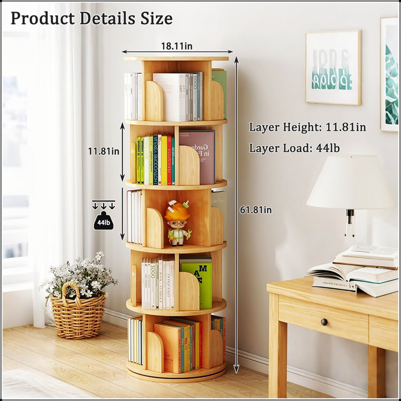 Bibliothèque rotative à 5 niveaux, présentoir à 360 ° rond pour petits espaces, design moderne et peu encombrant, Bois