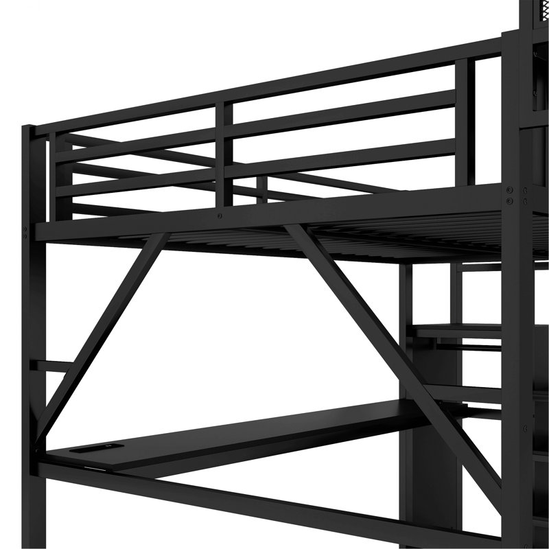 Structure de lit avec bureau et station de charge, lit mezzanine en métal avec escalier et lumière