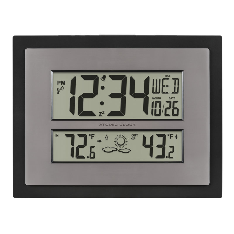 Horloge murale atomique avec température et prévision en noir / argent, Noir / argent