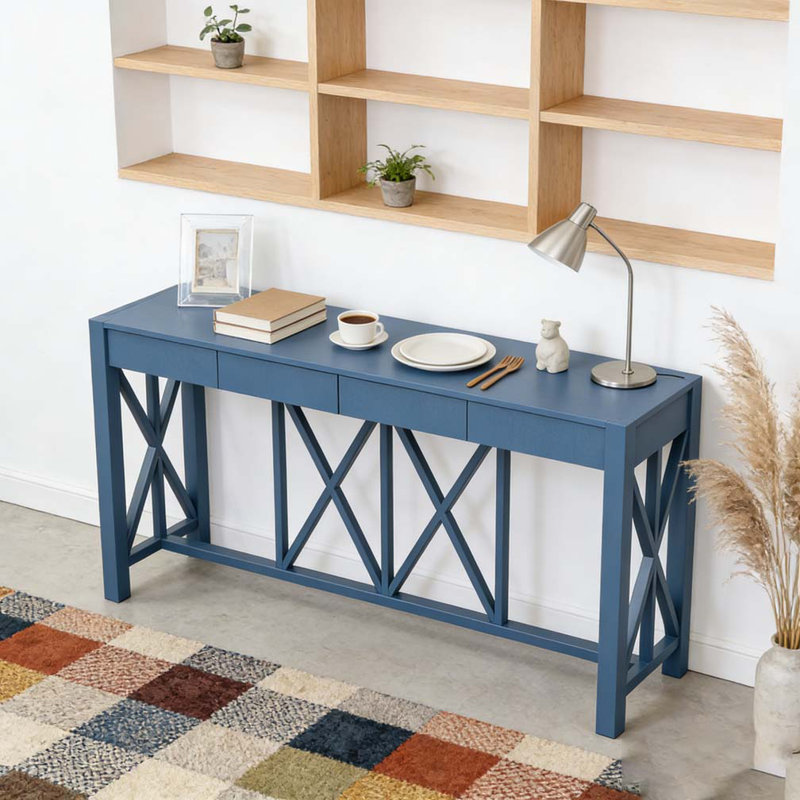 60''Acacia Veneer Console Table with 4 Spacious Drawers, Grey
