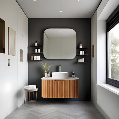Meuble-lavabo flottant mural moderne de 30 po avec lavabo, meuble-lavabo rayé à bords arrondis avec tiroir, lavabo rond en céramique blanc sans robinet, pré-assemblé, bois naturel