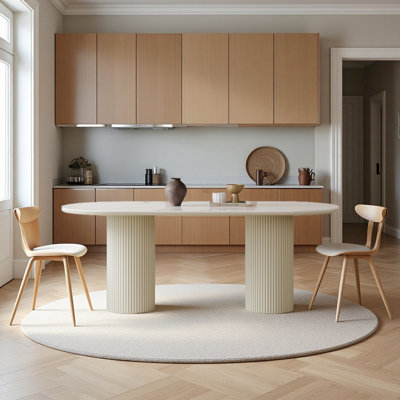 Modern Oval Dining Table, Kitchen Table With High-gloss Sintered Stone Tabletop, 2 Cylindrical Legs by Orren Ellis