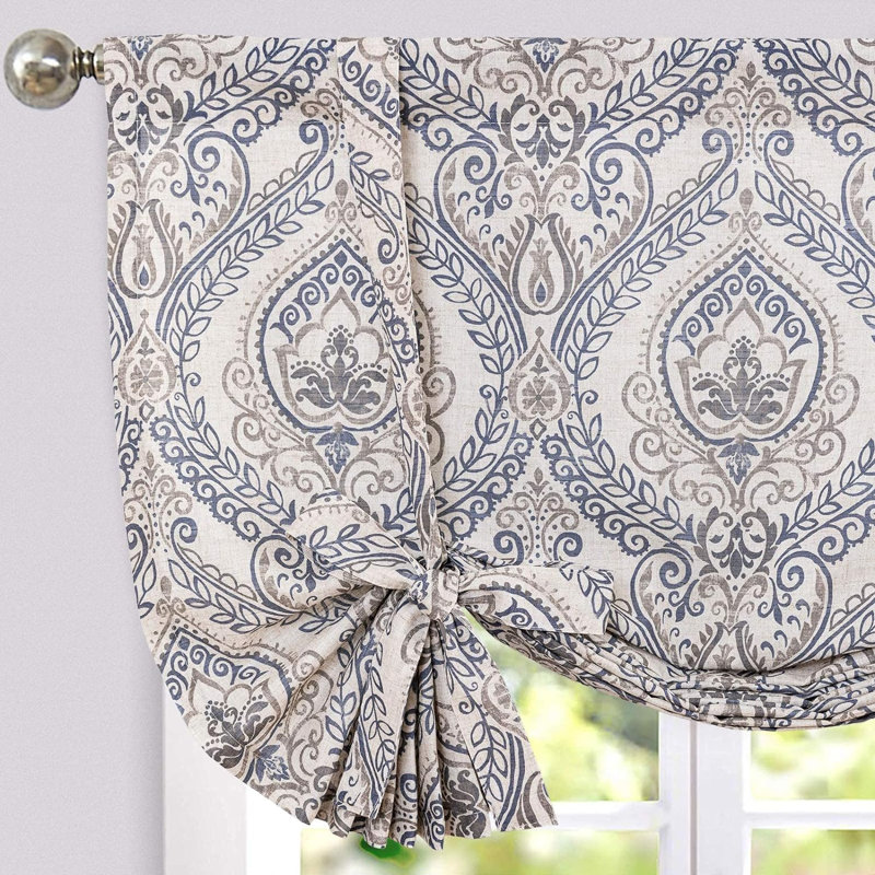 Faux Linen Farmhouse Tie up Valance, Blue on Beige, 42" W x 45" L