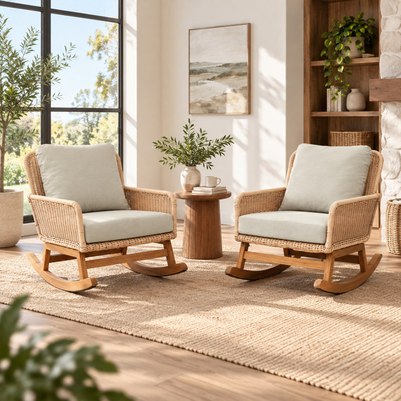 Fauteuils à bascule de patio en osier avec coussins et structure en bois massif