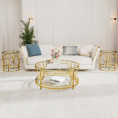 Ensemble de 3 tables basses rondes en verre, ensemble de table de salon moderne avec 1 table basse de 30,7 po et 2 tables de bout de 19,7 po, ensemble de table basse et de table d'appoint en verre de luxe avec base géométrique en métal et tablette inférieure pour le bureau à domicile