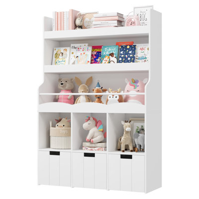 Kids Storage Bookcase, Wood Toy Organizer With Drawers, Display Shelves and Bins