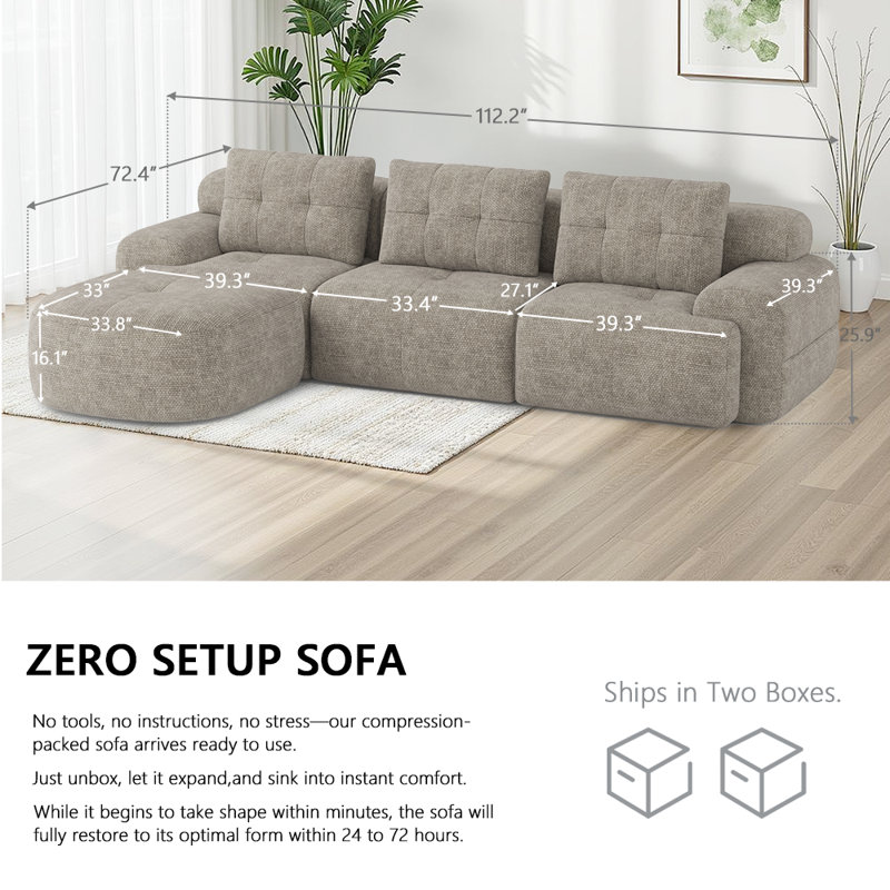 Oversized 112'' Modular Sectional Sofa with Chaise, Full Foam Structure for Comfort, Woven Texture Upholstery, Modern Living Room Couch, Compression Packaging Design, Brown