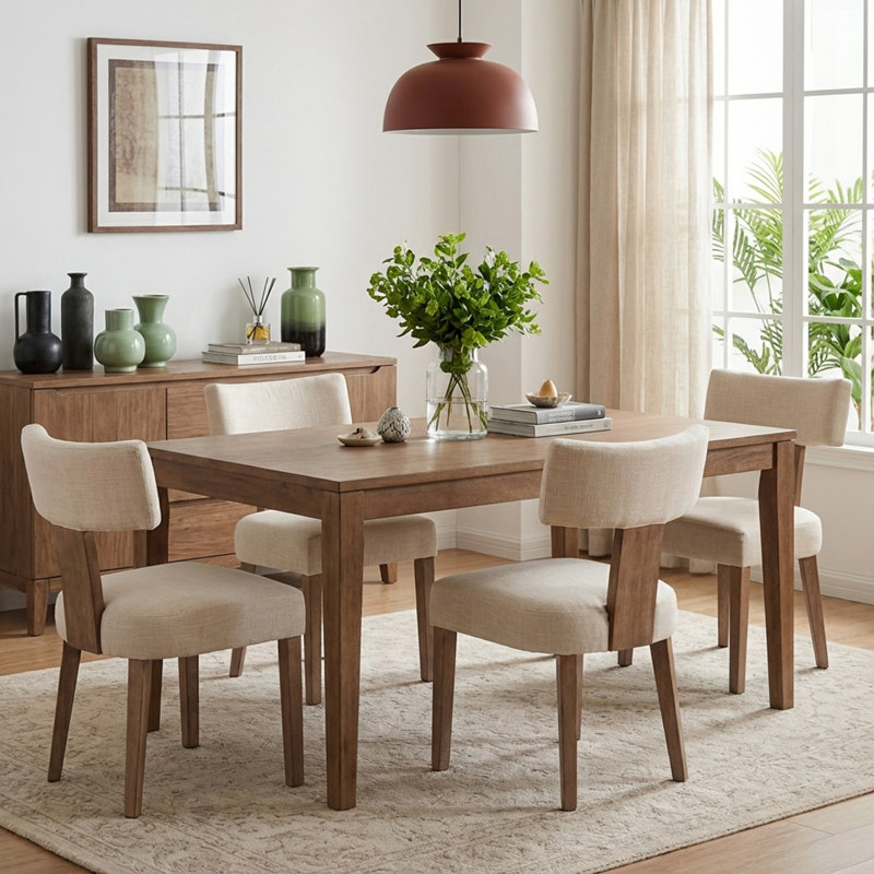 Mid Century Upholstered Side Chairs Farmhouse Dining Chairs With Wood Legs, Beige