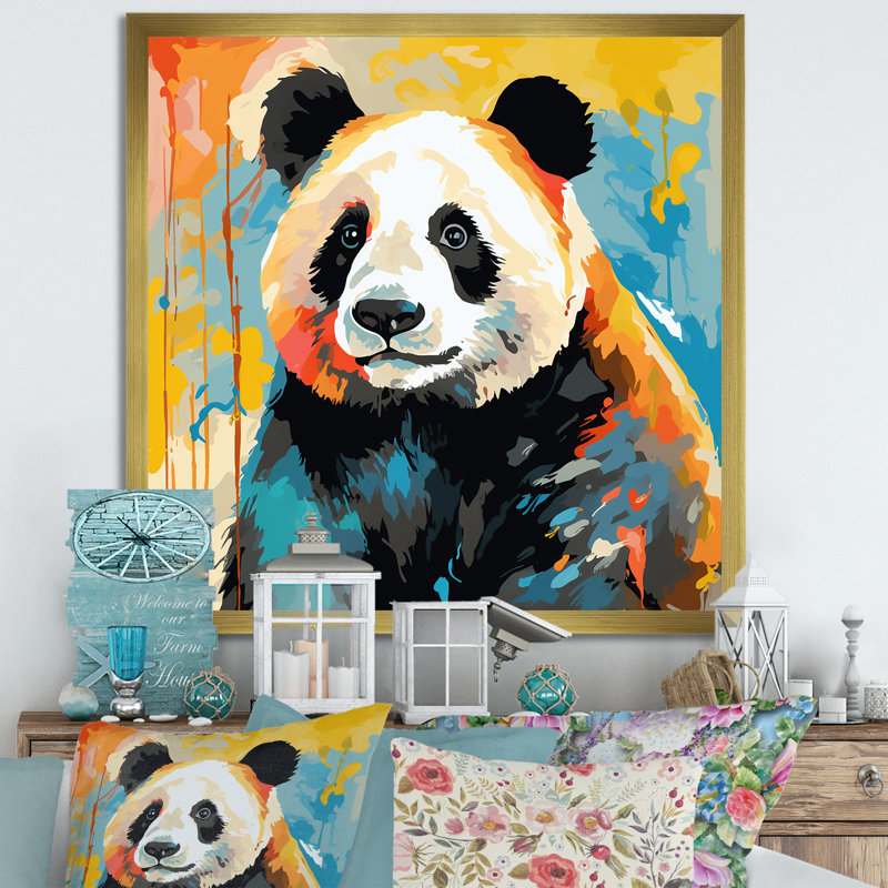 Pop Art Coloful Panda II - Art mural animal panda, Cadre doré simple, H 36 po x l 36 po x P 1,5 po