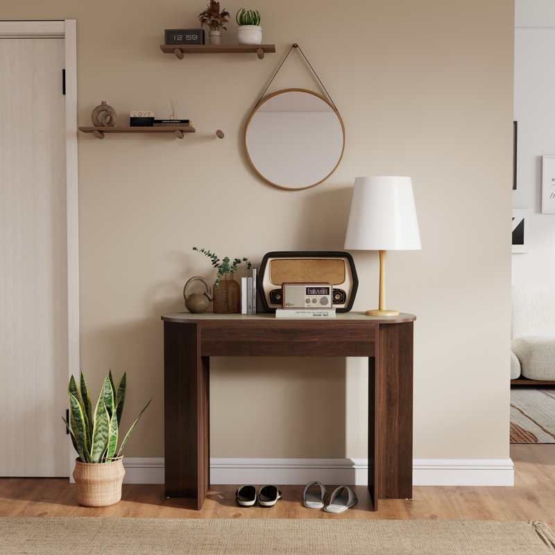 T-Base Console Table - 43" Entryway Table W/ Wood & Marble Veneer - Space-Saving Foyer Table, Beige