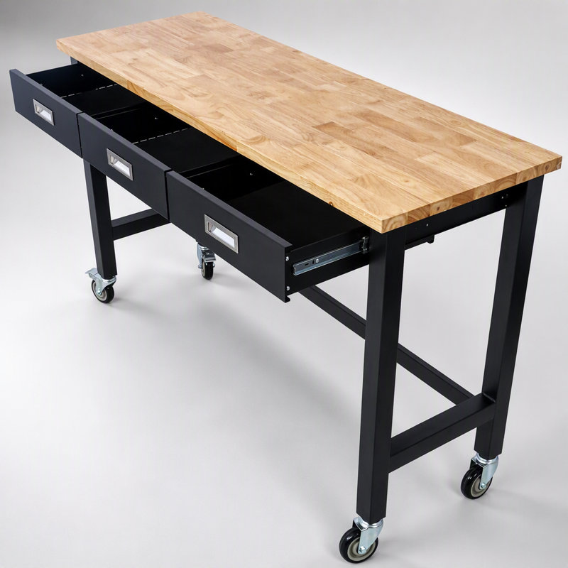 Banc de travail 60 po en bois de bambou robuste avec rangement pour tiroir et roulettes pour le garage et le bureau personnel
