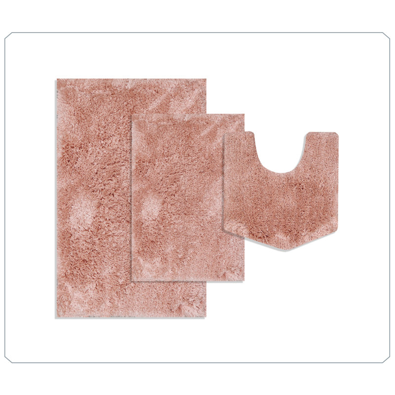 Elegance Bathroom Rug Mat Set 3 Piece, Microfiber Shaggy Bath Set, Non-Slip Ultra Soft Carpet Mats, Absorbent with U-Shaped Toilet for Bathroom, Tub, Shower, Coral