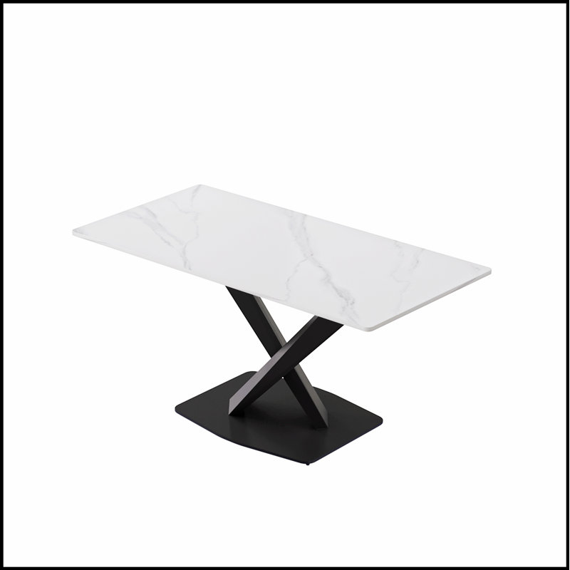 Table de salle à manger moderne en pierre artificielle blanche 63 pouces avec pieds en X noirs pour six personnes