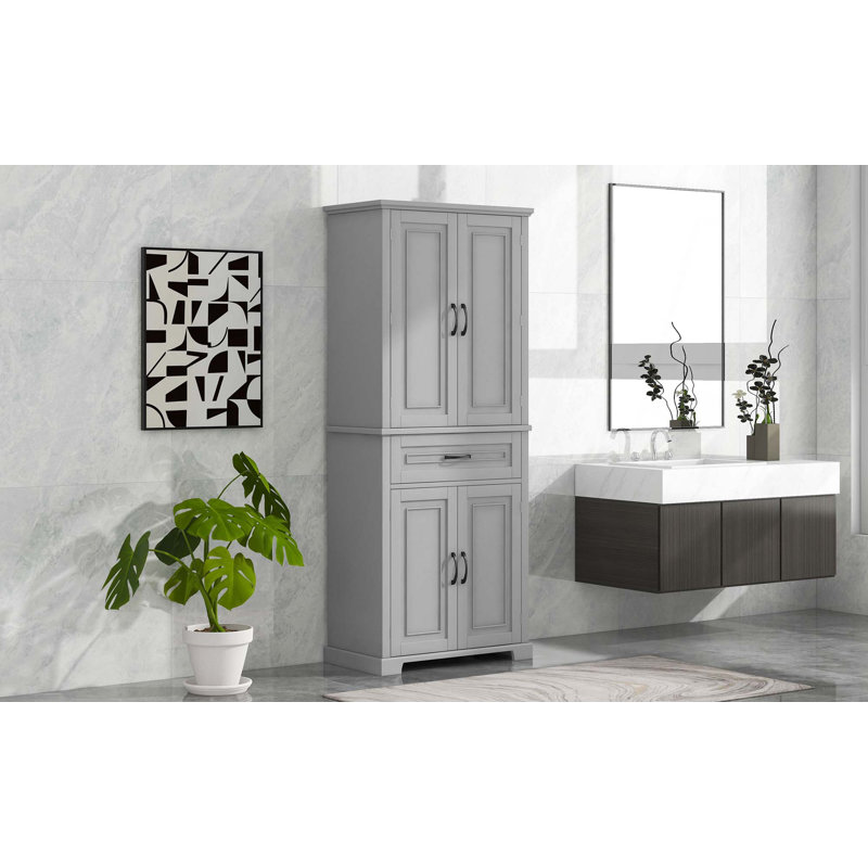 Armoire de rangement de salle de bain avec portes et tiroir, plusieurs espaces de rangement, tablette réglable, Gris