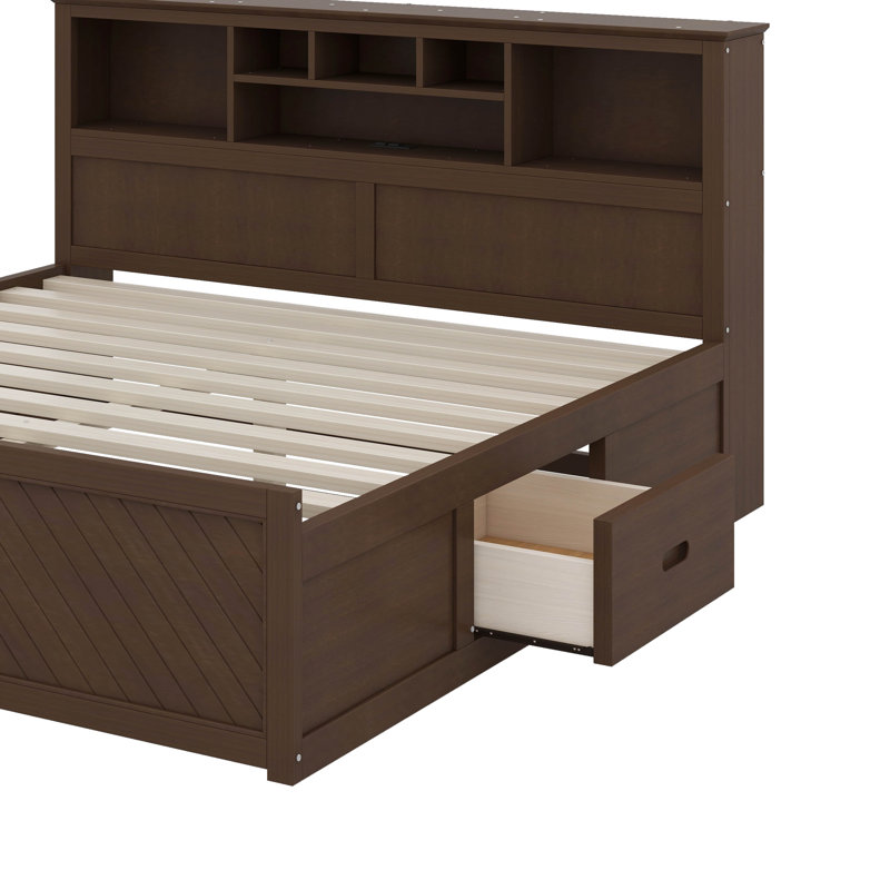 Très grand lit en bois avec tête de lit à rangement multiple, port USB et tiroirs, Brun
