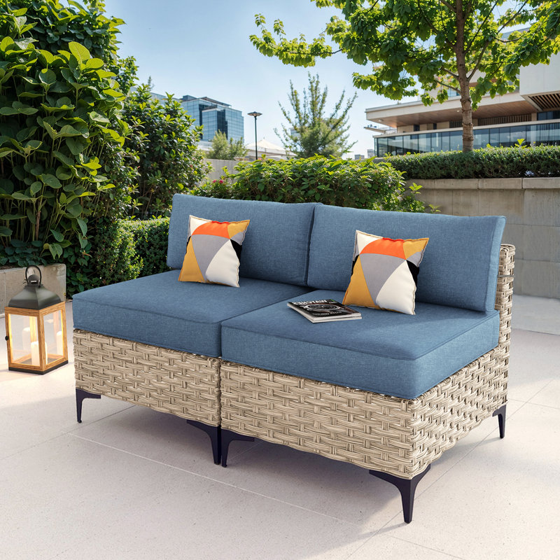 Wicker Outdoor Patio Sofa Set With Cushions, Denim Blue