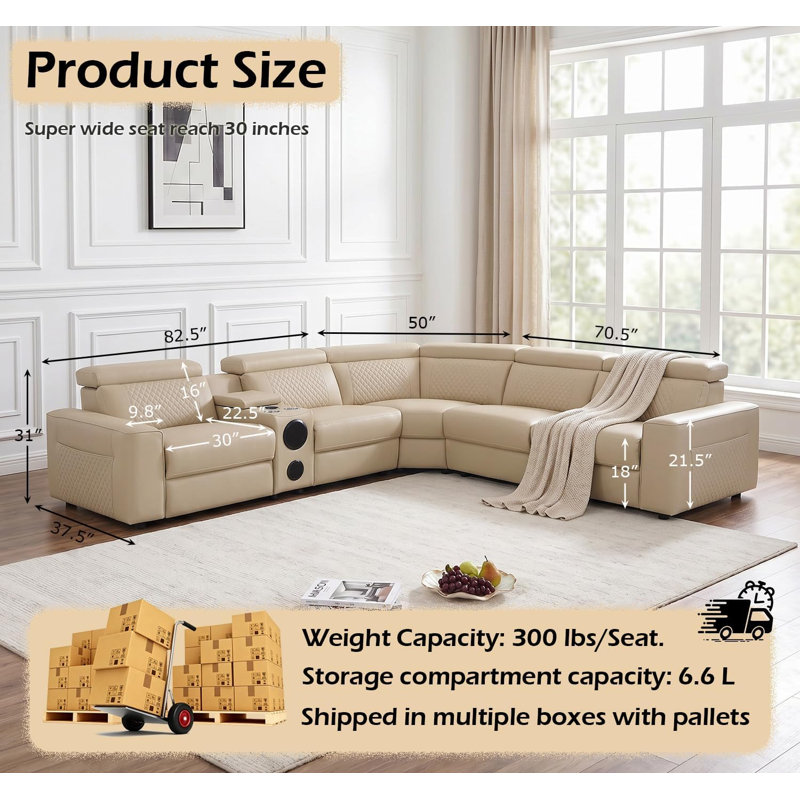 Canapé d'angle inclinable électrique 6 pièces en cuir respirant de qualité supérieure, Beige Faux Leather