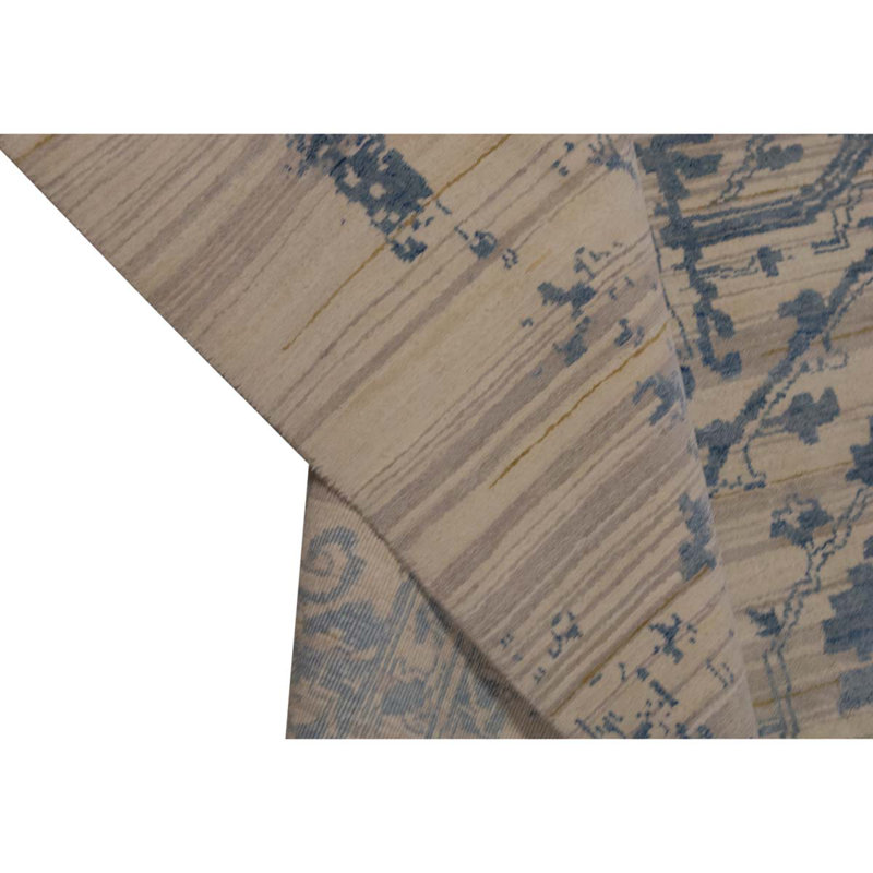 Tapis unique en laine noué à la main ivoire / bleu / rose pâle de 9 pi 1 po x 12 pi 1 po