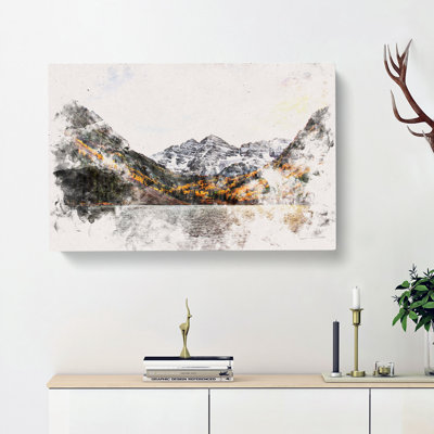 Maroon Bells Mountains In Colorado Watercolour - Wrapped Canvas Print