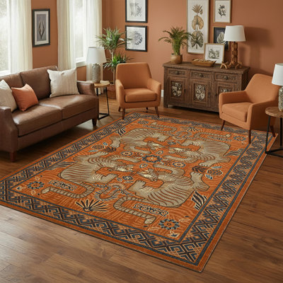 lxt-Washable Tiger Area Rug Boho Blue Vintage Tribal Animal Print Carpet Non-Slip Mark Resistant Modern Decor for Living Room, Bedroom, Office