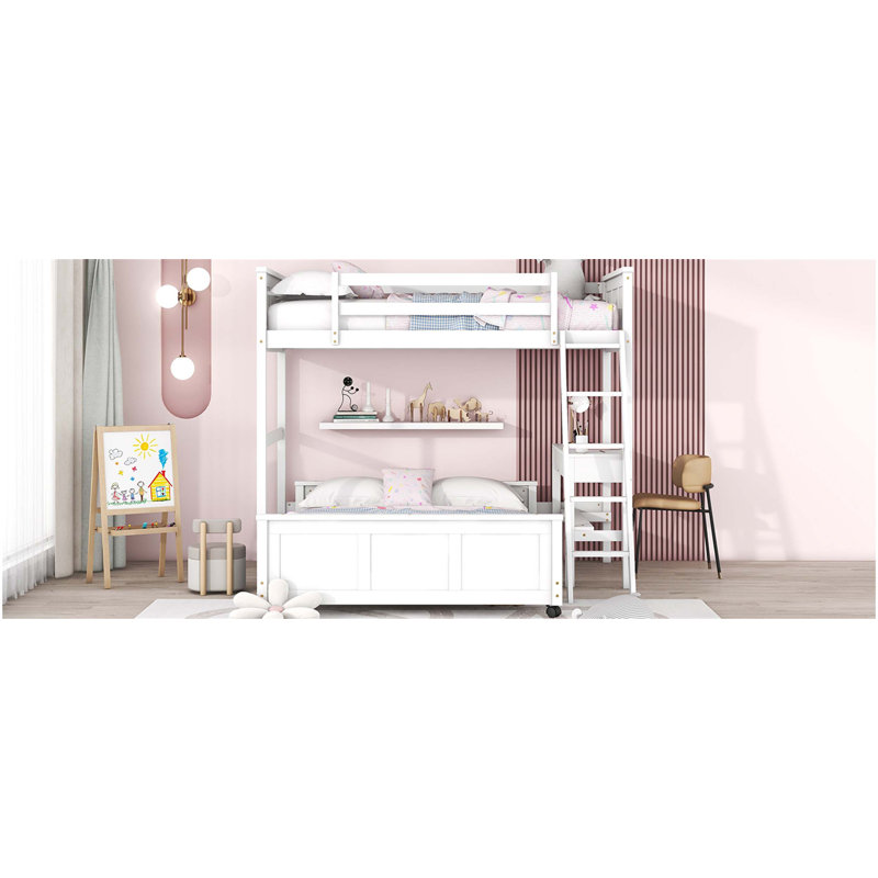 Lit superposé simple au-dessus d'un lit double fonctionnel avec bureau intégré et rangement, parfait pour économiser de l'espace et une vie confortable