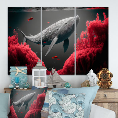 Baleine en rouge et gris - 3 pièces sur toile
