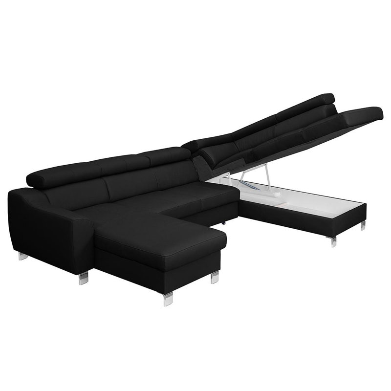 Avais Leather Large Corner Sofa in U-form, Yes, Right Hand Facing, Black