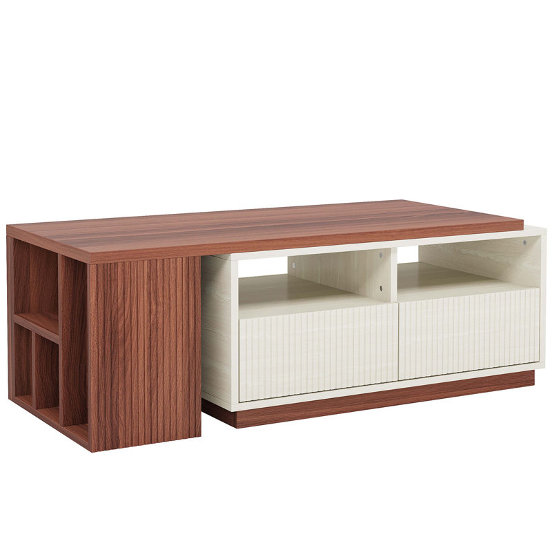 Extendable Coffee Table, Center Table with 2 Drawers and Reversible Tabletop
