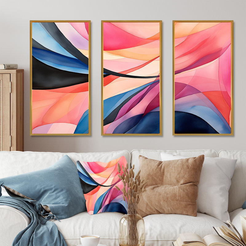 Motif géométrique de couleurs douces V - Art mural géométrique, Cadre flottant doré, H 40 po x l 61 po x P 1 po