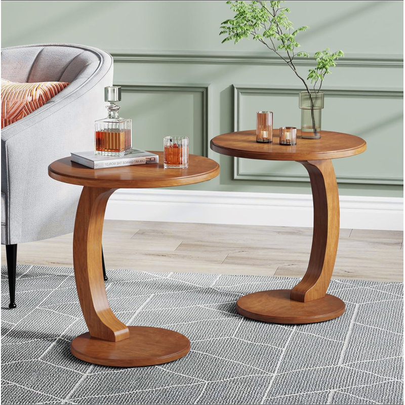 Table d'appoint ronde en forme de C 18,9 po pour petit canapé, table d'appoint pour le salon ou la chambre à coucher, table de chevet rétro Boho avec placage en bois massif, imperméable et résistante aux égratignures