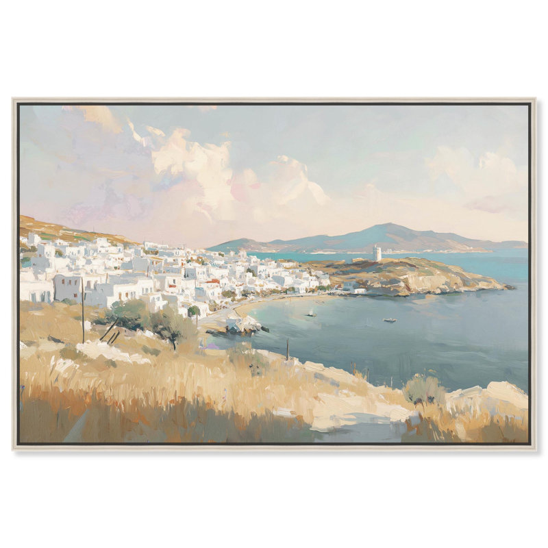 Sunrise Greece Canvas Cottage Landscapes by Art Remedy, Silver Floater Framed, 31" H x 46" W