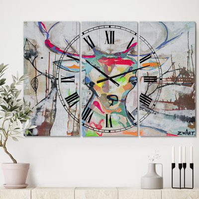 Horloge murale surdimensionnée 3 cerfs colorés