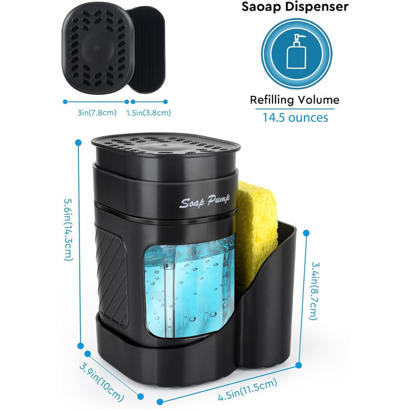 Distributeur de savon de cuisine 411 ml, ensemble 3 en 1 avec porte-éponge et bac à savon, ABS sans BPA, plateau anti-fuites amovible et éponge en bois.