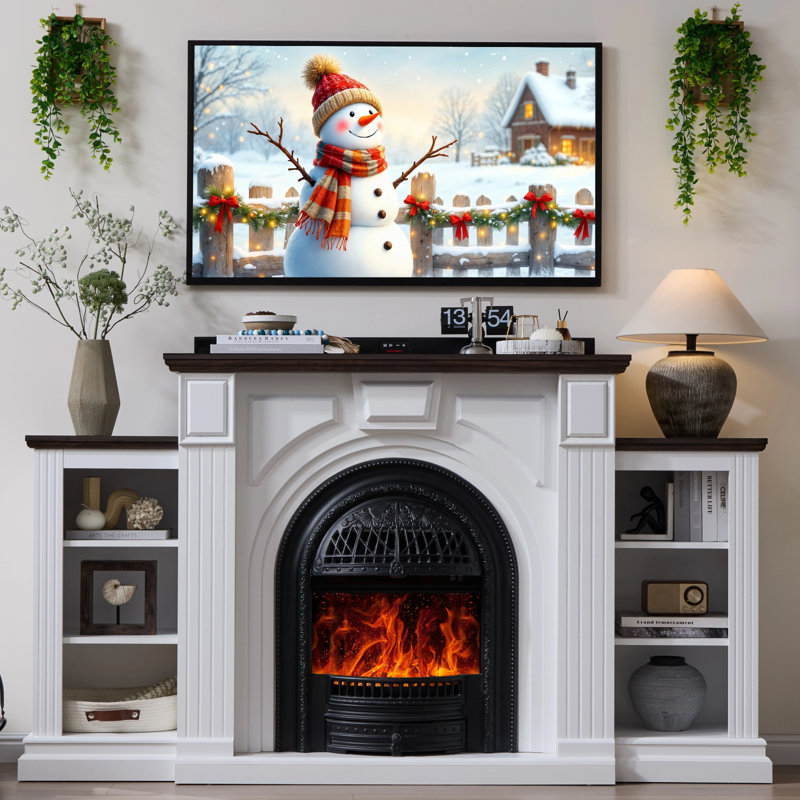 Foyer électrique 76 po avec manteau de cheminée, meuble télé et foyer électrique avec rangement, Blanc / Brun
