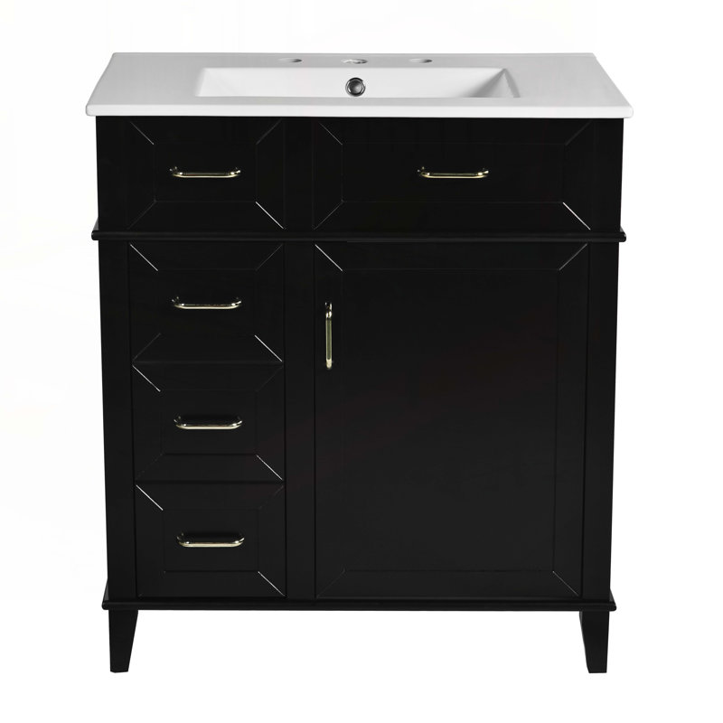 Meuble-lavabo de rangement avec lavabo en céramique, Noir, noir, noir, noir