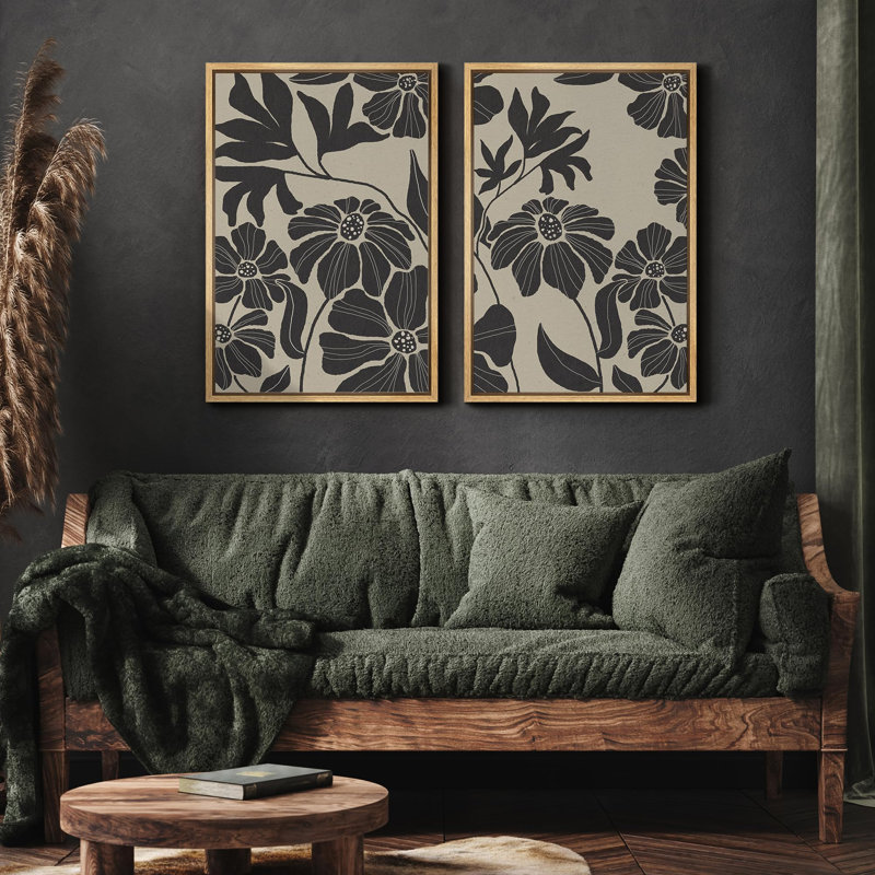 «Monochron floral botanique noir et blanc», 2 pièces sur toile, Naturel, H 24 po x l 16 po