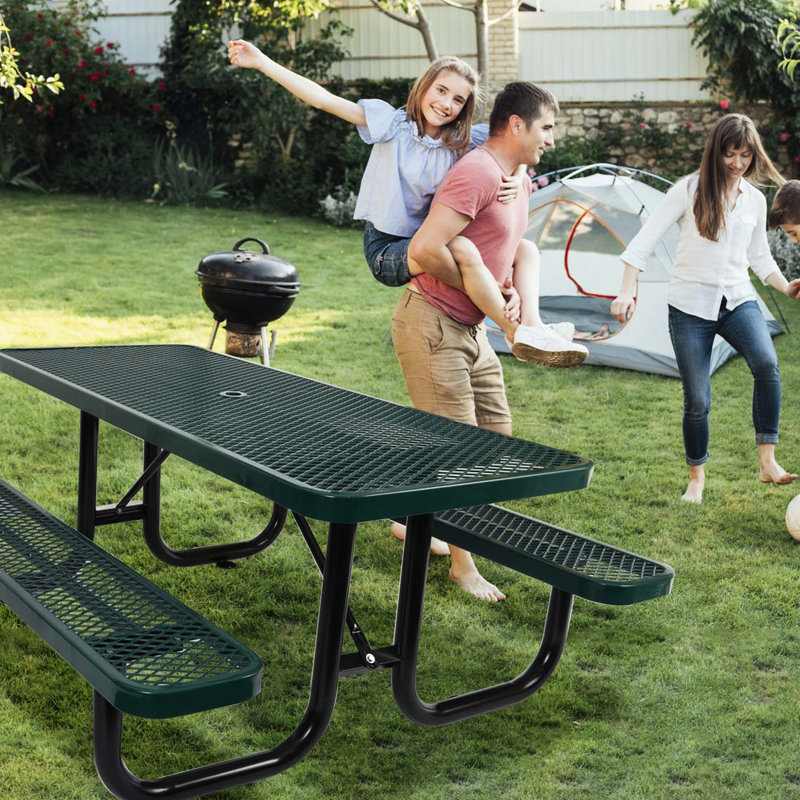 Table de pique-nique rectangulaire de 1,83 m (6 pieds) avec structure en acier et mât de parasol, hauteur généreuse de 76,5 cm (30,11 pouces), surface facile à nettoyer, adaptée à différents environnements extérieurs, résistante aux intempéries, diamètre 183 cm (72 pouces).