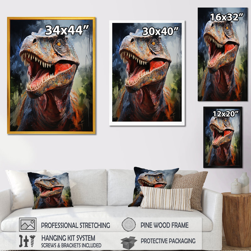 Portrait de dinosaure bleu préhistorique bleu - dinosaure, art mural, H 32 po x l 24 po x P 1 po, Toile tendue