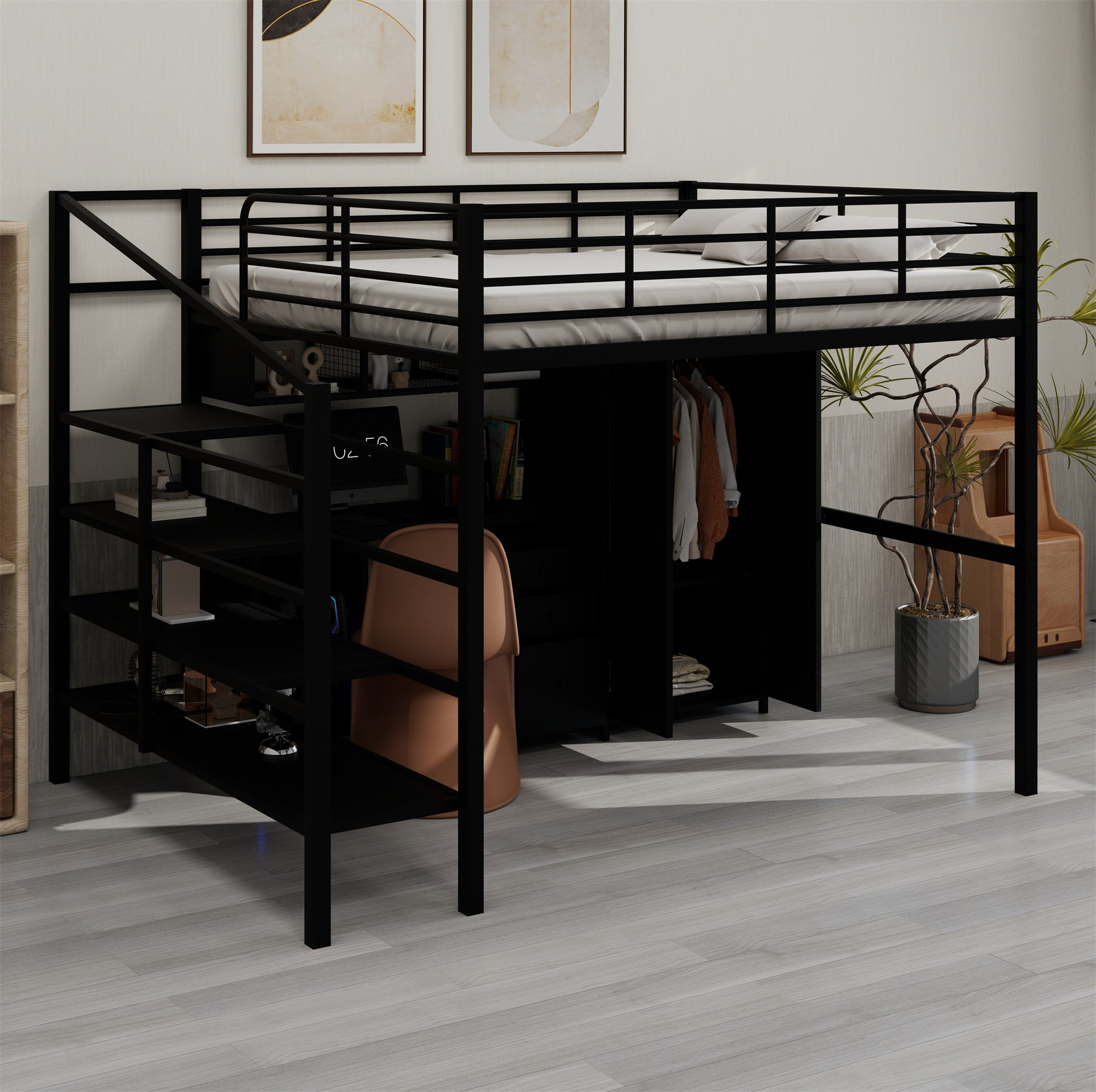 Harriet Bee Full Metal Loft Bed With Table Set And Wardrobe - Wayfair ...